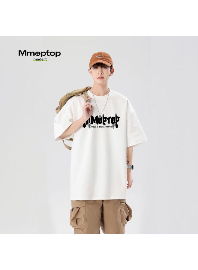 Mmoptop Men's Summer Short Sleeve T-shirt With Personalized Letter Print, Loose Fit Cotton Tee, Trendy Top M0028 White 3XL - Image 2