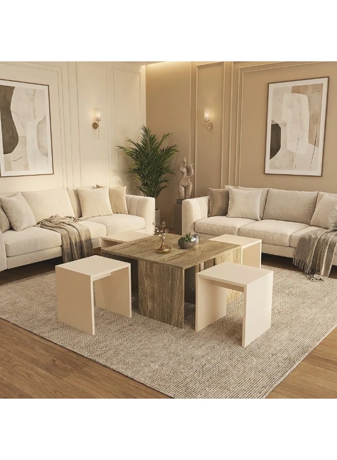 Stylish Home Wooden and beige center table with nested tables - CT49 80x80x50 cm - Image 2
