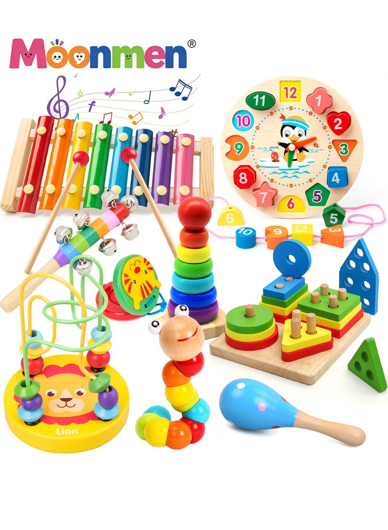 Moonmen 9 Pcs Wooden Educational Learning Toys, 9 In 1 Sorting & Stacking Montessori Toys, Preschool Educational Toy Gifts for 2-6 Year Old Boys & Girls - Image 1