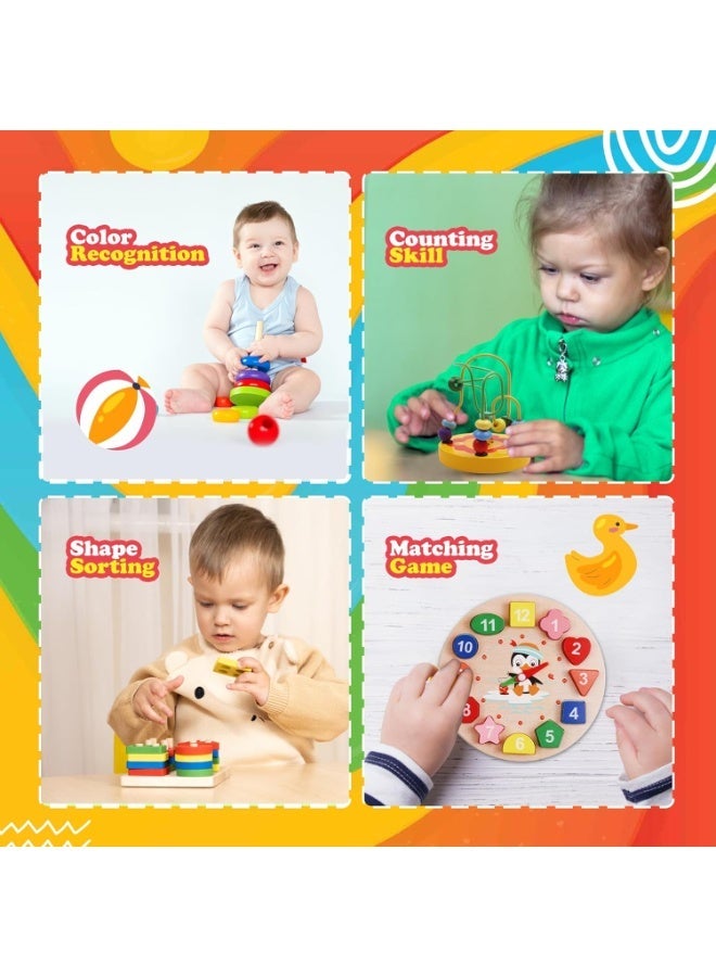 Moonmen 9 Pcs Wooden Educational Learning Toys, 9 In 1 Sorting & Stacking Montessori Toys, Preschool Educational Toy Gifts for 2-6 Year Old Boys & Girls - Image 3