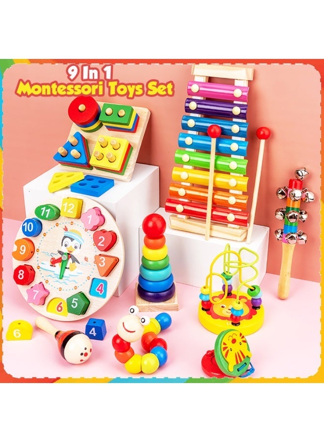 Moonmen 9 Pcs Wooden Educational Learning Toys, 9 In 1 Sorting & Stacking Montessori Toys, Preschool Educational Toy Gifts for 2-6 Year Old Boys & Girls - Image 2