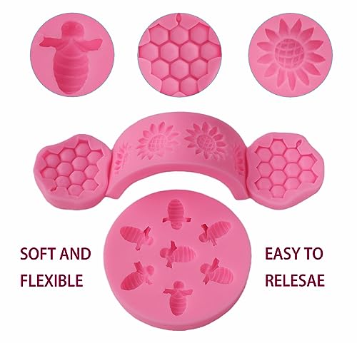 DAOGUAUNG 4 Pcs Bumble Bee Silicone Mold Honeycomb Sunflower and Bee Fondant Molds Kit Cupcake Hive DIY Chocolate Fondant Candy Cookies Crafting Party Wedding Cake Sugar Dessert Decorating Baking Mold (Pink) - Image 3