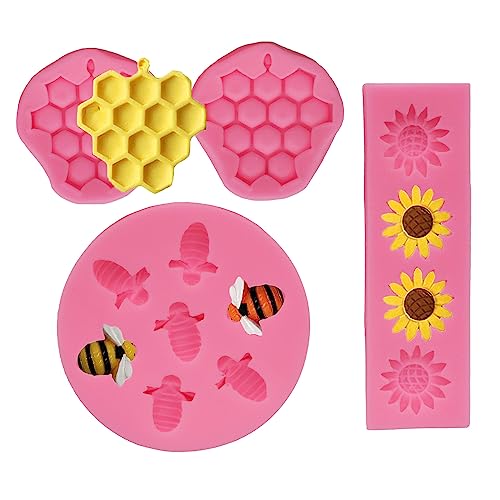 DAOGUAUNG 4 Pcs Bumble Bee Silicone Mold Honeycomb Sunflower and Bee Fondant Molds Kit Cupcake Hive DIY Chocolate Fondant Candy Cookies Crafting Party Wedding Cake Sugar Dessert Decorating Baking Mold (Pink) - Image 1