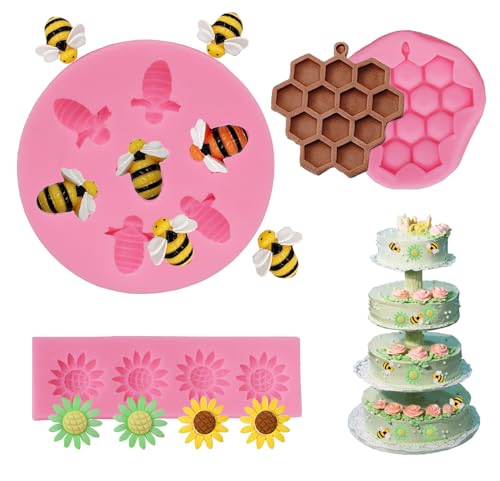 DAOGUAUNG 4 Pcs Bumble Bee Silicone Mold Honeycomb Sunflower and Bee Fondant Molds Kit Cupcake Hive DIY Chocolate Fondant Candy Cookies Crafting Party Wedding Cake Sugar Dessert Decorating Baking Mold (Pink) - Image 4