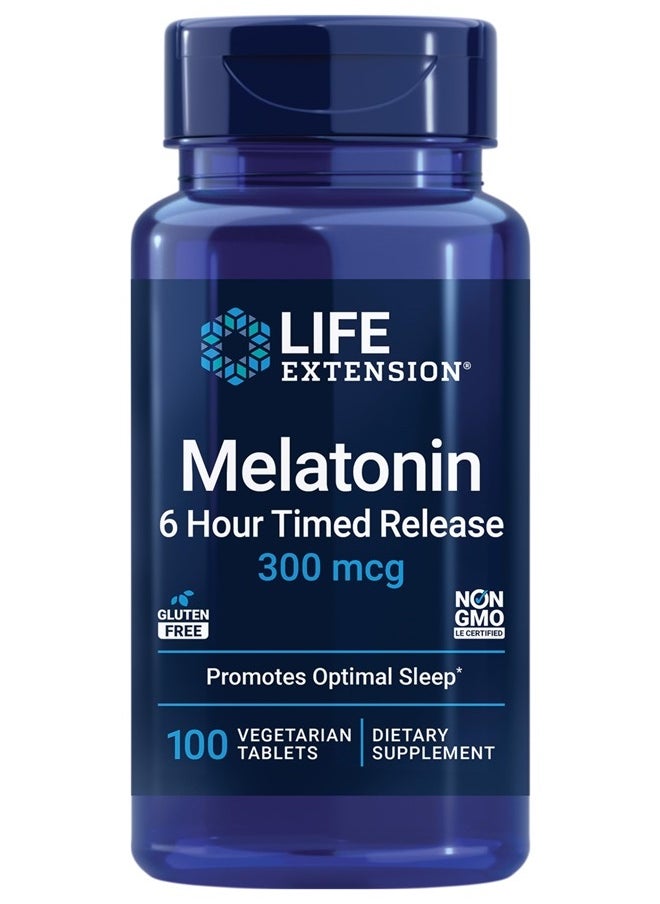 Life Extension - Melatonin 6 Hour Timed Release, 300 mcg, Extended-Release Formula for Gentle Sleep Support, Healthy circadian Rhythms, Cellular Defense, Gluten-Free, Non-GMO, Vegetarian, 100 Tablets - Image 1