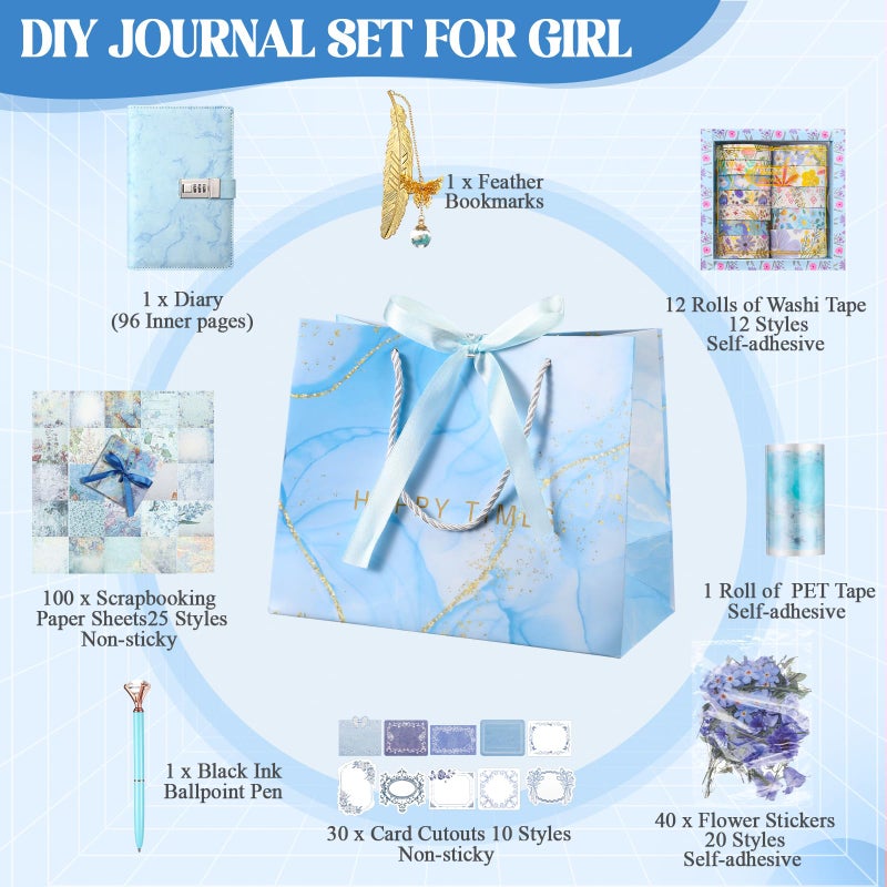 Janlaugh DIY Journal Diary with Lock Set Scrapbook Kit Stationary Diary Supplies Art Crafts Kit for Birthday Holidays Ideal Gifts for Women Teen Girls (Blue,Cute) - Image 2