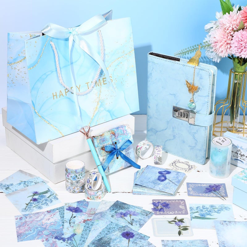 Janlaugh DIY Journal Diary with Lock Set Scrapbook Kit Stationary Diary Supplies Art Crafts Kit for Birthday Holidays Ideal Gifts for Women Teen Girls (Blue,Cute) - Image 4