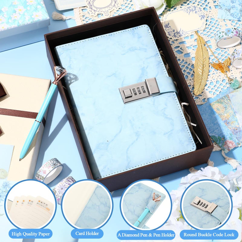 Janlaugh DIY Journal Diary with Lock Set Scrapbook Kit Stationary Diary Supplies Art Crafts Kit for Birthday Holidays Ideal Gifts for Women Teen Girls (Blue,Cute) - Image 3