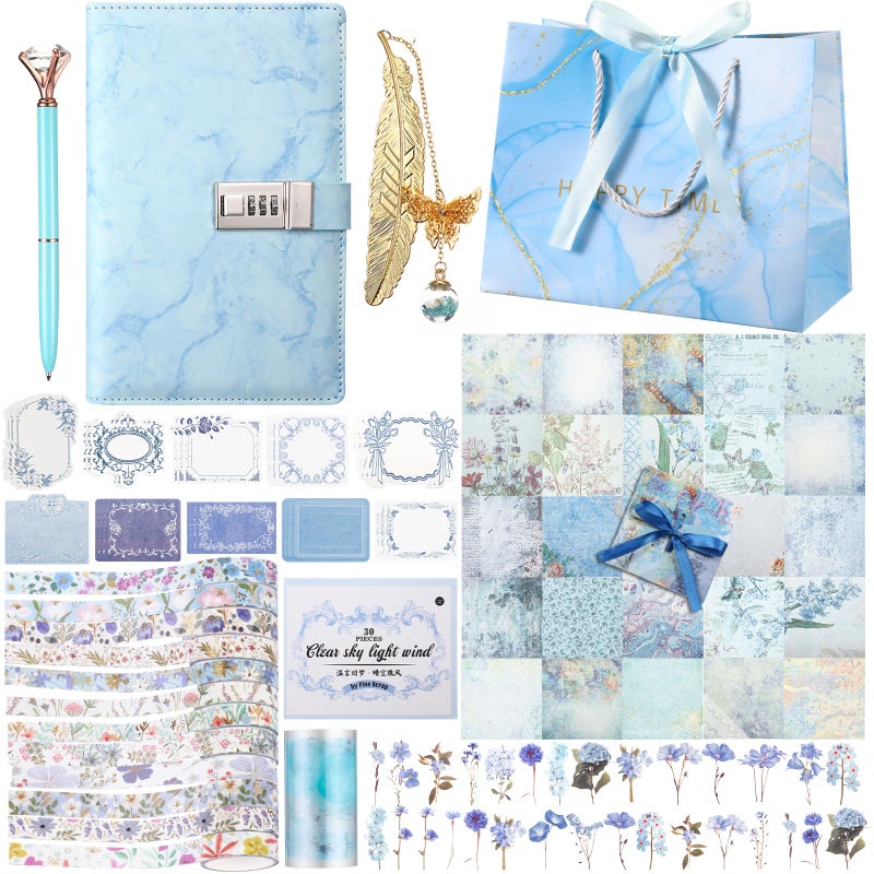 Janlaugh DIY Journal Diary with Lock Set Scrapbook Kit Stationary Diary Supplies Art Crafts Kit for Birthday Holidays Ideal Gifts for Women Teen Girls (Blue,Cute) - Image 1