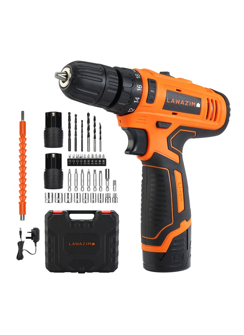 LAWAZIM Impact Cordless Drill 12V Set with 2 Lithium Ion Batteries 1300mAh |Screwdriver| 35pcs Accessories & Kitbox | 10mm Chuck | Variable Speed  - Image 1