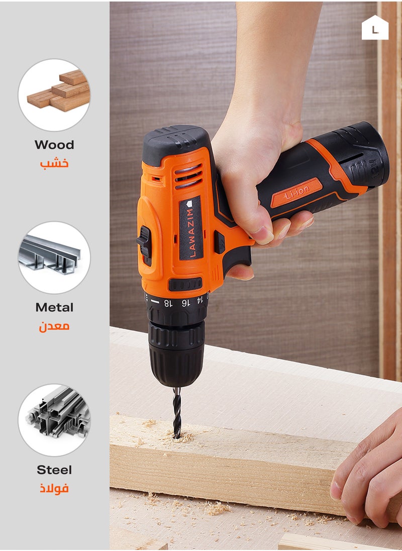 LAWAZIM Impact Cordless Drill 12V Set with 2 Lithium Ion Batteries 1300mAh |Screwdriver| 35pcs Accessories & Kitbox | 10mm Chuck | Variable Speed  - Image 5