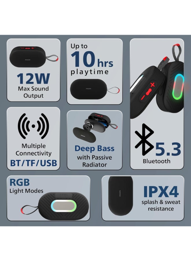 فيليبس Renewed - Audio TAS1400BK Wireless Bluetooth Speaker with Deep Bass and RGB Light Modes TAS1400 black - Image 3