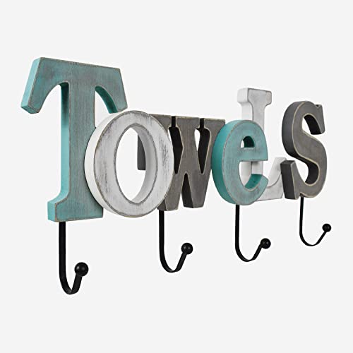Morning View Wooden Towels Sign with Hooks Decorative Hanging Word Signs Cutout Block Letters Towel Rack for Bathroom Home Letter Signs Wall Decor Living Room Home Decor (Aqua) - Image 3