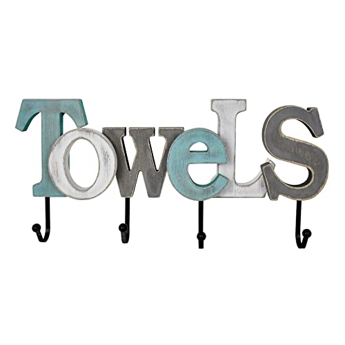 Morning View Wooden Towels Sign with Hooks Decorative Hanging Word Signs Cutout Block Letters Towel Rack for Bathroom Home Letter Signs Wall Decor Living Room Home Decor (Aqua) - Image 1