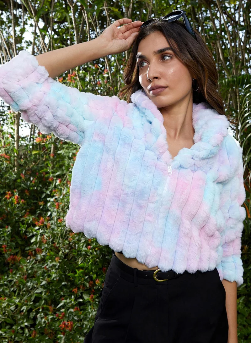 Campus Sutra Women's Powder Blue & Blush Pink Ripple Fur Jacket For Casual Wear | Shawl Collar | Long Regular Sleeves | Zipper Closure | Jacket Crafted With Comfort Fit For Everyday Wear