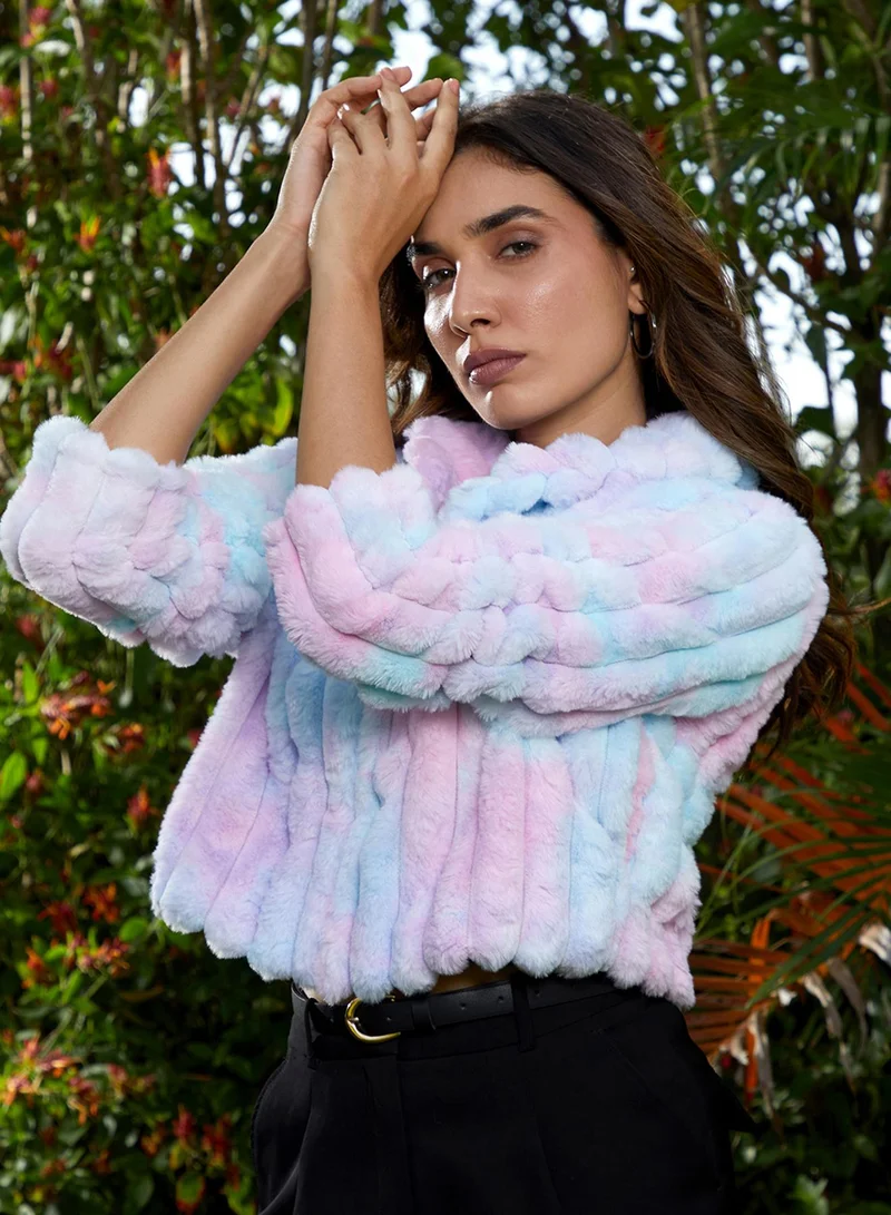 Campus Sutra Women's Powder Blue & Blush Pink Ripple Fur Jacket For Casual Wear | Shawl Collar | Long Regular Sleeves | Zipper Closure | Jacket Crafted With Comfort Fit For Everyday Wear