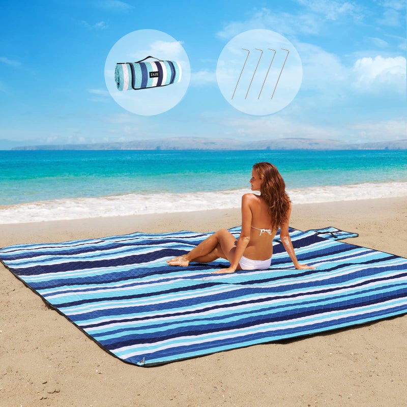 ZAZE Beach Blanket Picnic Blankets with Stakes Thick 3Layer 8080 Oversized Waterproof Sandproof Compact Outdoor Mat Big Extra Large Foldable Camping Park Vacation Travel AccessoriesBlue Stripe