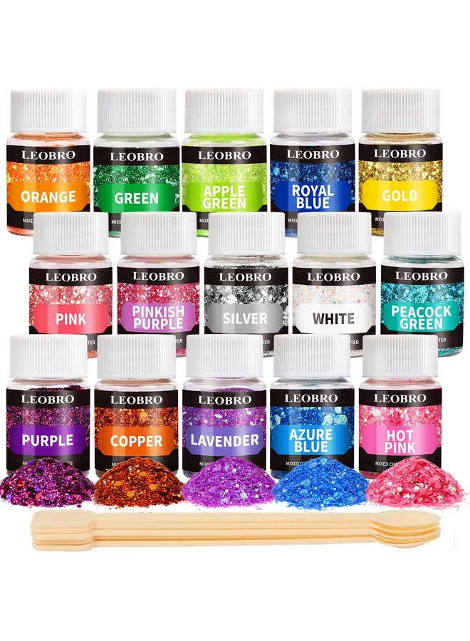 LEOBRO Glitter, Holographic Chunky Glitter, 15 Colors Craft Glitter For Resin, With 5Pcs Mixing Spoon, Glitter For Nail Body, Resin Glitter Flakes For Tumbler Jewelry Arts And Crafts - Image 1