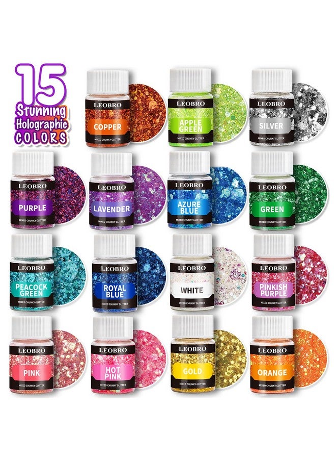 LEOBRO Glitter, Holographic Chunky Glitter, 15 Colors Craft Glitter For Resin, With 5Pcs Mixing Spoon, Glitter For Nail Body, Resin Glitter Flakes For Tumbler Jewelry Arts And Crafts - Image 3