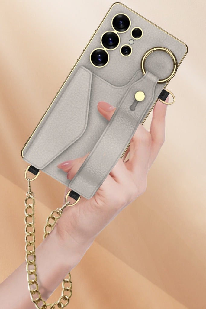 Samsung Galaxy S25 Ultra phone case with gold frame, card holder, metal chain, finger ring, anti-drop, shockproof design, stylish and practical - Image 2