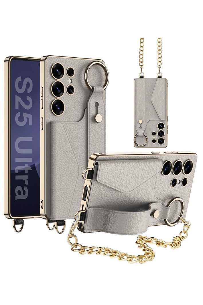 Samsung Galaxy S25 Ultra phone case with gold frame, card holder, metal chain, finger ring, anti-drop, shockproof design, stylish and practical - Image 1