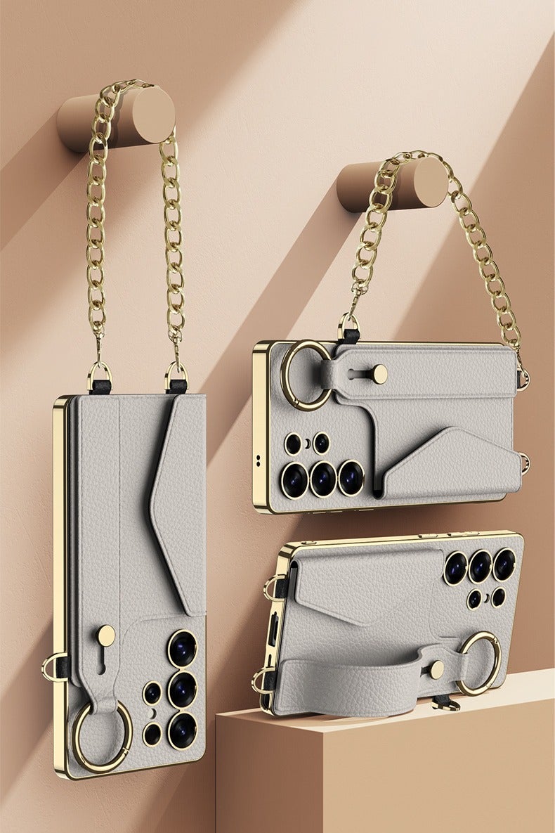 Samsung Galaxy S25 Ultra phone case with gold frame, card holder, metal chain, finger ring, anti-drop, shockproof design, stylish and practical - Image 4