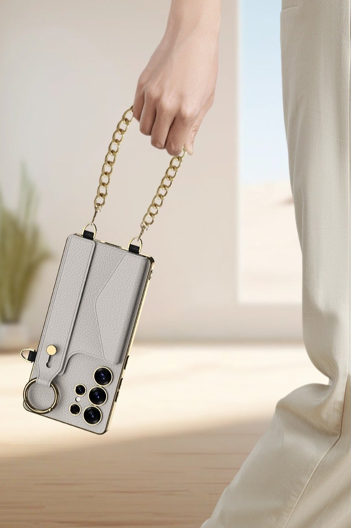 Samsung Galaxy S25 Ultra phone case with gold frame, card holder, metal chain, finger ring, anti-drop, shockproof design, stylish and practical - Image 3