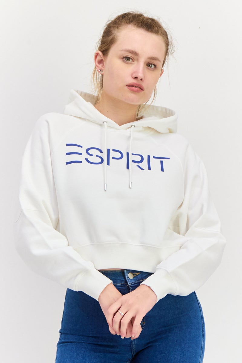 ESPRIT هودي نسائي بغطاء رأس بشعار العلامة التجارية، أبيض - Image 1