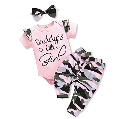 AMAWMW Baby Girl Clothes Set Daddys Little Girl Ruffle Romper Top Camouflage Pants Newborn Infant Baby Girl Outfit (Pink-A, 12-18 Months) - Image 1