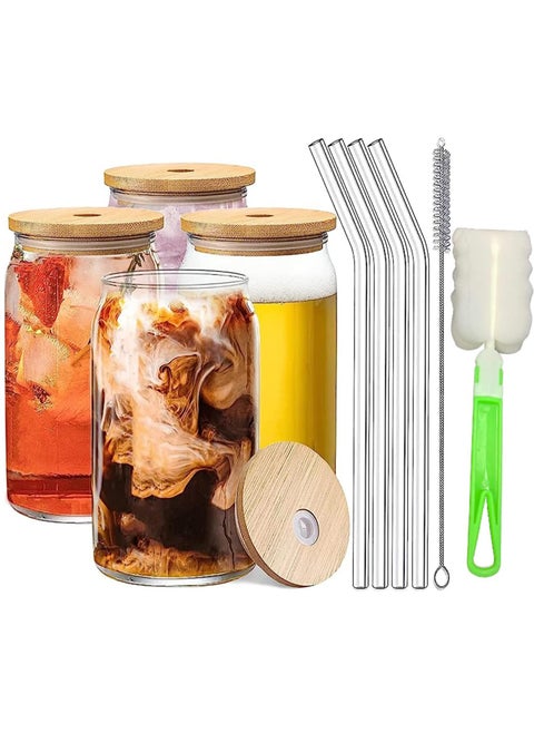 4Pcs Glass Cups with Bamboo Lids and Glass Straw- Beer Can Shaped Drinking Glasses Set Boba Drinking Glasses Reusable Travel Tumbler Bottle for Smoothie Iced Coffee Bubble Tea 500ML