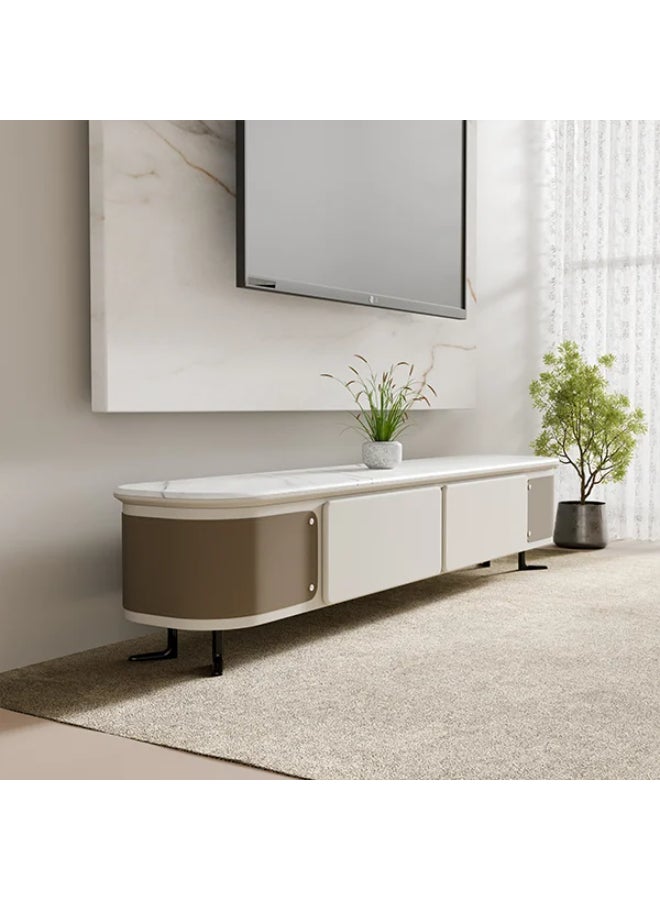 NEO FRONT FURNITURE TV Unit – White Marble Top with Metal Legs, Beige 2-Drawer Luxury Modern TV Stand for Living Room & Home Décor (200 x 40 x 41 cm) DB-TV2355  - Image 1