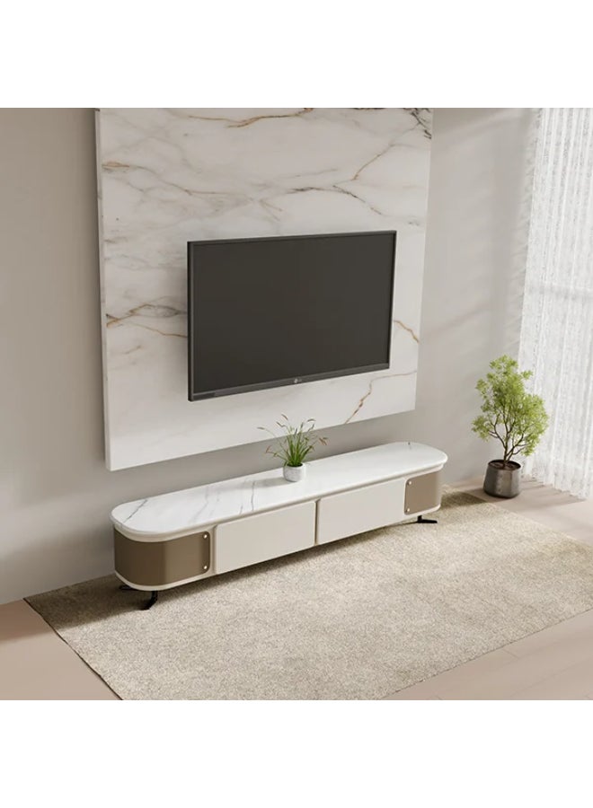 NEO FRONT FURNITURE TV Unit – White Marble Top with Metal Legs, Beige 2-Drawer Luxury Modern TV Stand for Living Room & Home Décor (200 x 40 x 41 cm) DB-TV2355  - Image 3