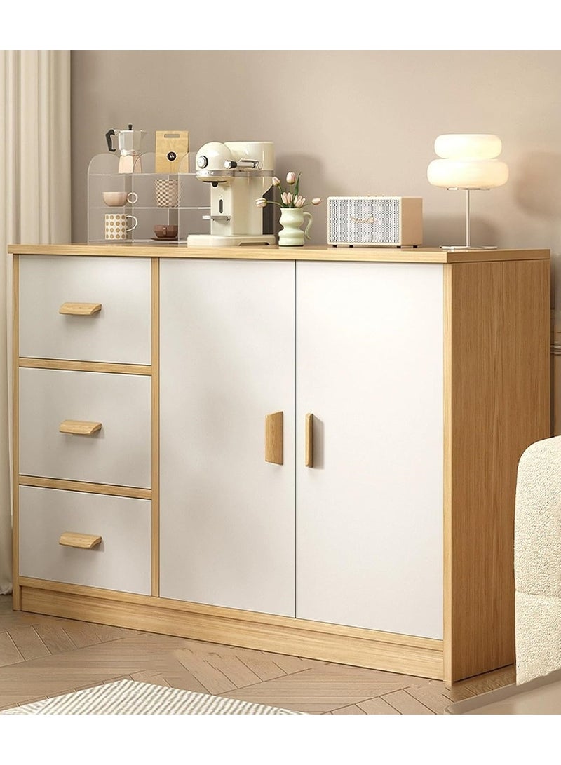 اليسا خزانة تخزين خشبية عصرية بثلاثة أدراج وبابين - خزانة جانبية مسطحة بمقابض خشبية لغرفة المعيشة وغرفة النوم - Image 1