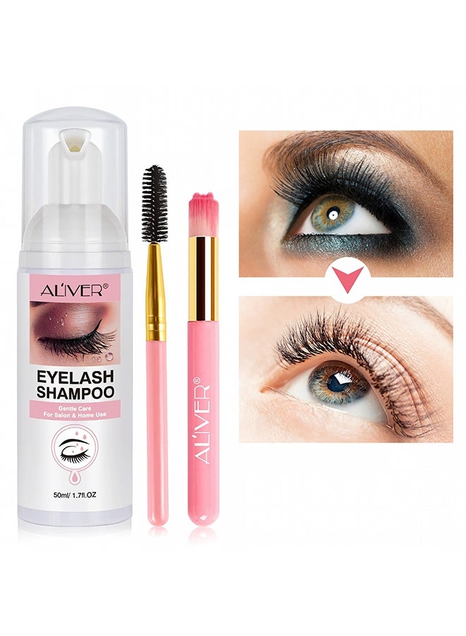 ALIVER Eyelash Extension Cleanser Eyelid Foaming Cleanser Eye lash Extension Shampoo Brush(50ml, 1.7fl oz), Eyelid Cleanser for Makeup Remover Paraben & Sulfate Free for Salon and Home Use - Image 1