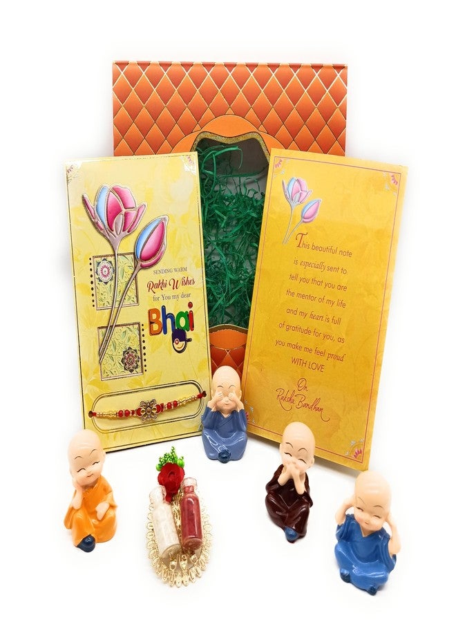 Sau Rang India Rakhi Gift Hamper for Brother - Set of 4 mini Monk, Rakhi, Roli Chawal, Greeting Card, Premium Box - Raksha Bandhan Gift for Bhai (RA229 Rakhi with Monk Set) - Image 1