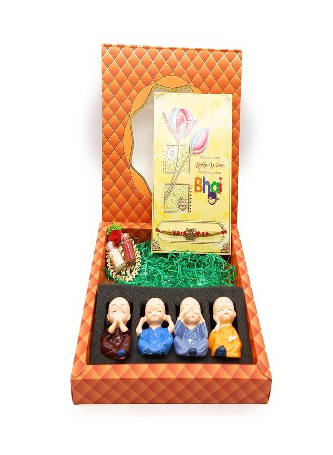 Sau Rang India Rakhi Gift Hamper for Brother - Set of 4 mini Monk, Rakhi, Roli Chawal, Greeting Card, Premium Box - Raksha Bandhan Gift for Bhai (RA229 Rakhi with Monk Set) - Image 2