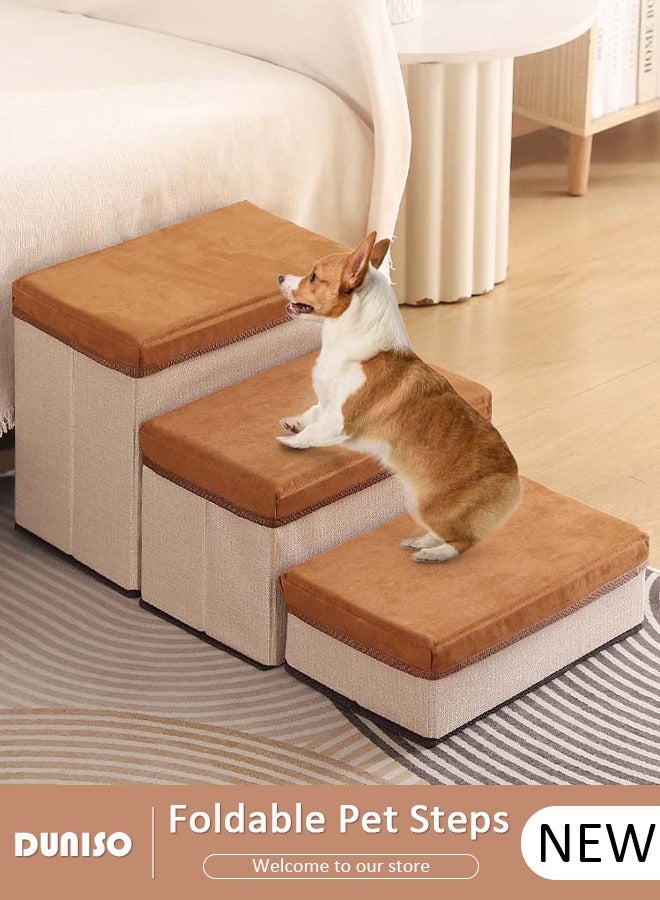 DUNISO 3-Step Foldable Pet Steps, 2-in-1 Soft Flannel Dog Stairs with Storage, Non-Slip Cat Steps with High-Elastic and Breathable Material Sponge for Puppy Kitten Climbing High Bed and Couch - Image 1