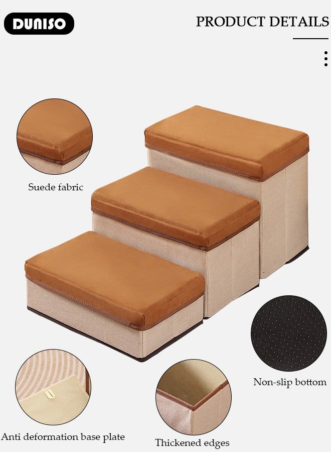 DUNISO 3-Step Foldable Pet Steps, 2-in-1 Soft Flannel Dog Stairs with Storage, Non-Slip Cat Steps with High-Elastic and Breathable Material Sponge for Puppy Kitten Climbing High Bed and Couch - Image 2