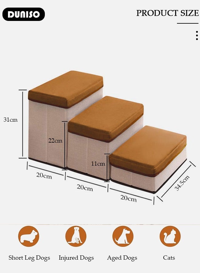 DUNISO 3-Step Foldable Pet Steps, 2-in-1 Soft Flannel Dog Stairs with Storage, Non-Slip Cat Steps with High-Elastic and Breathable Material Sponge for Puppy Kitten Climbing High Bed and Couch - Image 4