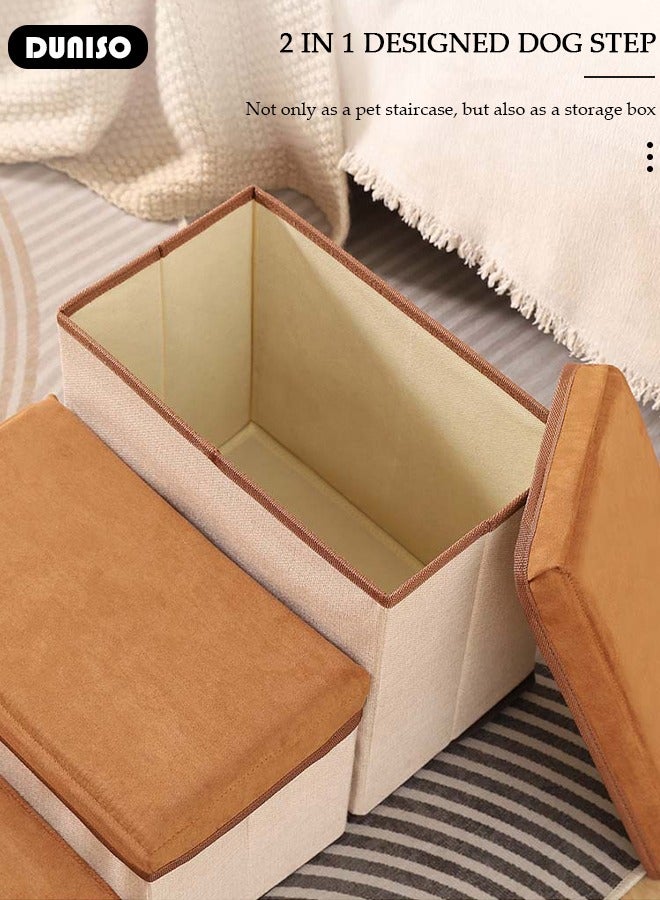 DUNISO 3-Step Foldable Pet Steps, 2-in-1 Soft Flannel Dog Stairs with Storage, Non-Slip Cat Steps with High-Elastic and Breathable Material Sponge for Puppy Kitten Climbing High Bed and Couch - Image 3