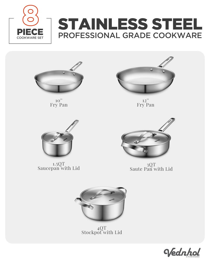 VEDNHOL Stainless Steel Cookware Set, 8 Pcs Tir-Ply Pots and Pans Set, PFOA&PTFE Free, Dishwasher&Oven Safe, Kitchen Induction Compatible, ollas de acero inoxidable para cocinar - Image 3