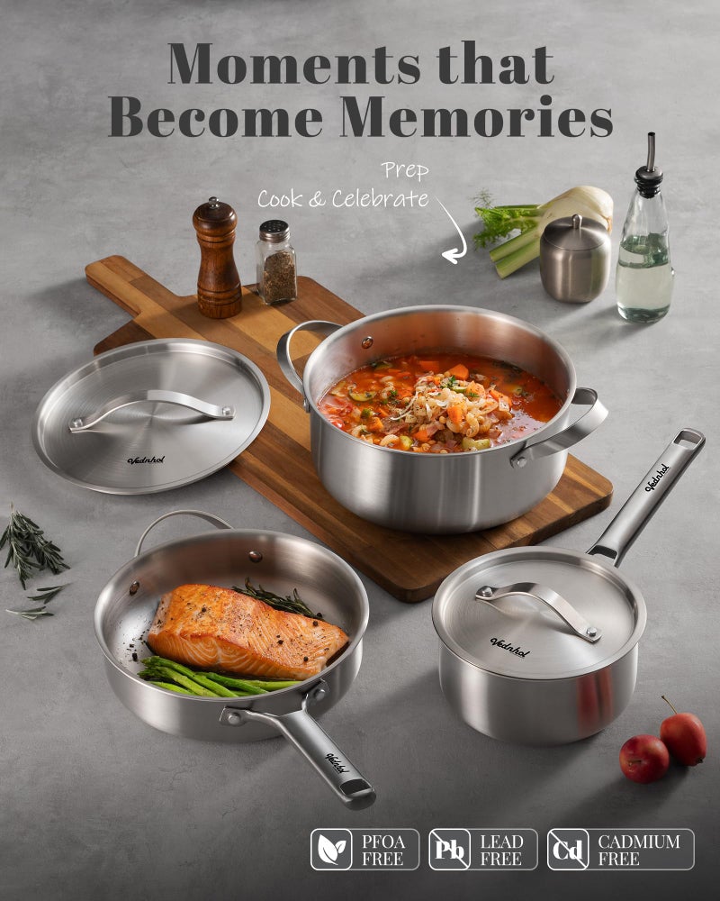 VEDNHOL Stainless Steel Cookware Set, 8 Pcs Tir-Ply Pots and Pans Set, PFOA&PTFE Free, Dishwasher&Oven Safe, Kitchen Induction Compatible, ollas de acero inoxidable para cocinar - Image 4
