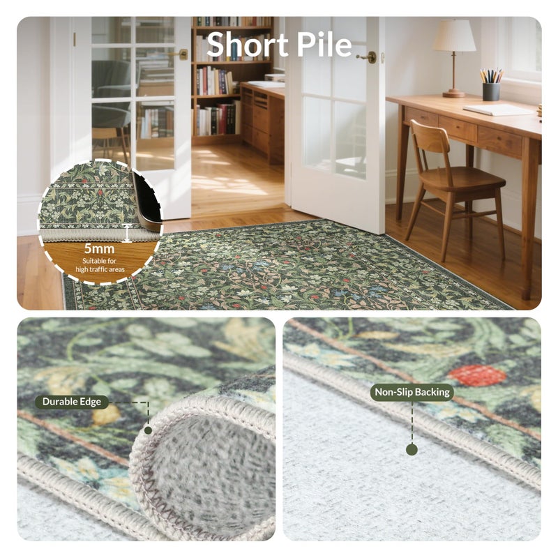 GENIMO Large 8x10 Area Rug for Living Room, Boho Floral Vintage Non-Slip Carpet, Soft Low-Pile Lightweight Indoor Rug, Stain Resistant Thin Rug for Bedroom, Dining Room, Nursery, Emerald Green - Image 4