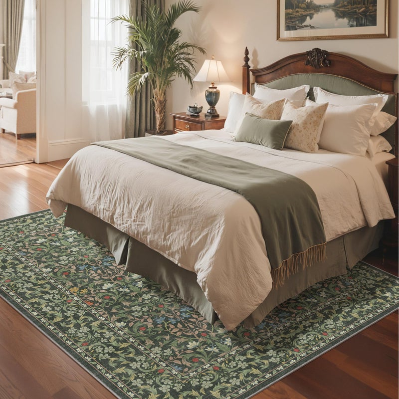 GENIMO Large 8x10 Area Rug for Living Room, Boho Floral Vintage Non-Slip Carpet, Soft Low-Pile Lightweight Indoor Rug, Stain Resistant Thin Rug for Bedroom, Dining Room, Nursery, Emerald Green - Image 3