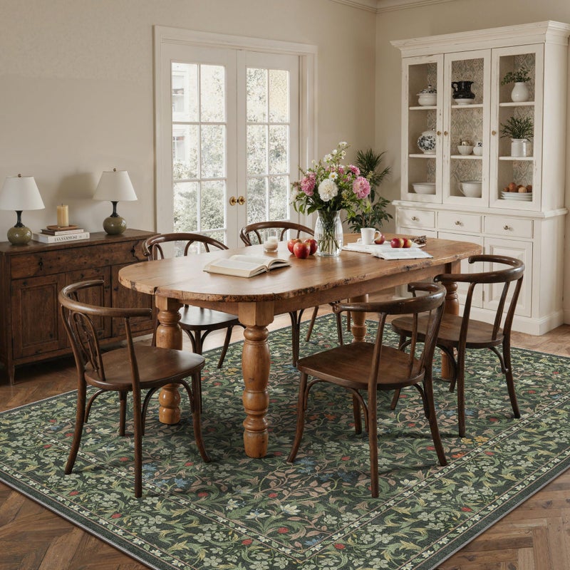 GENIMO Large 8x10 Area Rug for Living Room, Boho Floral Vintage Non-Slip Carpet, Soft Low-Pile Lightweight Indoor Rug, Stain Resistant Thin Rug for Bedroom, Dining Room, Nursery, Emerald Green - Image 2