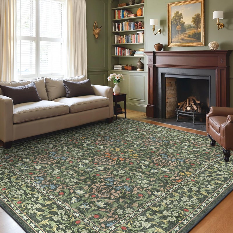 GENIMO Large 8x10 Area Rug for Living Room, Boho Floral Vintage Non-Slip Carpet, Soft Low-Pile Lightweight Indoor Rug, Stain Resistant Thin Rug for Bedroom, Dining Room, Nursery, Emerald Green - Image 1