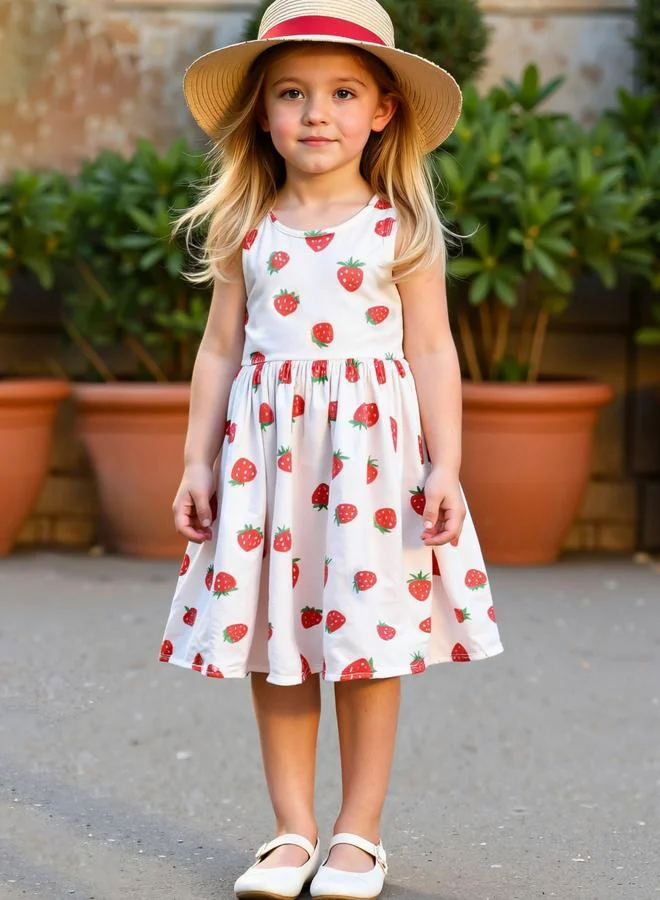 تايك تو فستان بدون أكمام بطبعة فراولة للأطفال