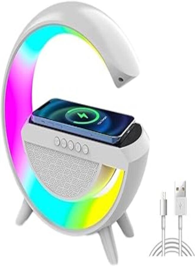 Mishrit Mishrit G-Shaped Bluetooth Speaker with FM Radio, RGB Light Table Lamp, Wireless Charger LED Smart Wake Up Light, 15W Loud for Home Decoration, Bedroom & Gaming Room 