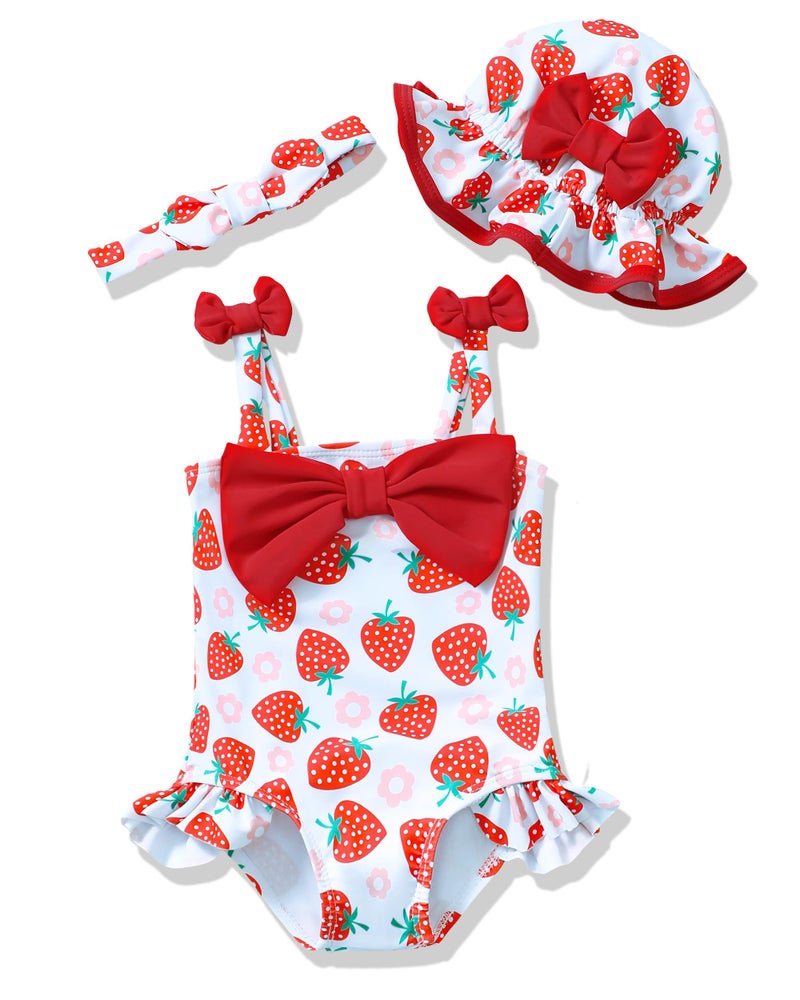 Renotemy Baby Girl Swimsuit 12-18 Months Infant Bathing Suit Girl One-Piece Sleeveless Bikini Tankini Rash Guard Strawberry Baby Swimsuit Girl 12-18 Months with Sunhat Beach Baby Essentials Pink - Image 3