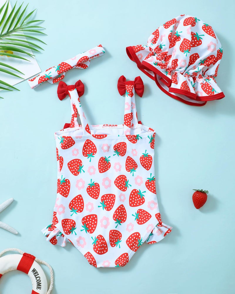 Renotemy Baby Girl Swimsuit 12-18 Months Infant Bathing Suit Girl One-Piece Sleeveless Bikini Tankini Rash Guard Strawberry Baby Swimsuit Girl 12-18 Months with Sunhat Beach Baby Essentials Pink - Image 4